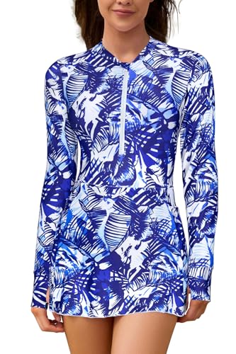 SHEKINI Damen Badeanzüge Lange Ärmel Halb Reißverschluss Rash Guard Badeanzug Bademode Taschen von SHEKINI