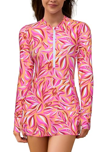 SHEKINI Damen Badeanzüge Lange Ärmel Halb Reißverschluss Rash Guard Badeanzug Bademode Taschen von SHEKINI