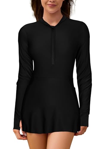 SHEKINI Damen Badeanzüge Lange Ärmel Halb Reißverschluss Rash Guard Badeanzug Bademode Taschen von SHEKINI