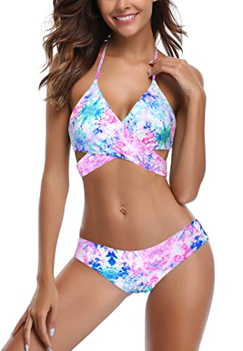 SHEKINI Damen Badeanzüge Push Up Neckholder Bandage Bikini Floral Printed Badehose Zweiteilige Badeanzüge, Printing - Y02, XS von SHEKINI