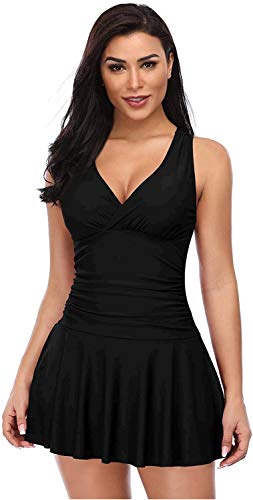 SHEKINI Damen Einteiler Rock Badeanzug Rücken Crisscross Ruched Badekleid, Mahanttan Black, X-Large von SHEKINI