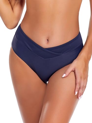 SHEKINI Damen Bikini Hose Bauchweg Schwarz High Waist Badeshorts Abdominal Kontrolle Bikinihosen Volltonfarbe Basic Retro Badeanzug Badehose für Damen（M, Dunkelblau G） von SHEKINI