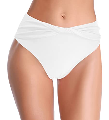 SHEKINI Damen Badeanzug Bauchweg Schwarz High Waist Badeshorts Abdominal Kontrolle Bikinihose Volltonfarbe Retro Twisted Badehose BikiniHöschen（M, Weiß H） von SHEKINI
