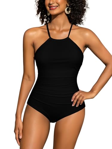 SHEKINI Damen Badeanzug Einteilige Bademode Strandmode High Neck Verstellbarer Swimsuits One Piece Badeanzüge Schwimmanzug mit Gekreuzten Trägern von SHEKINI