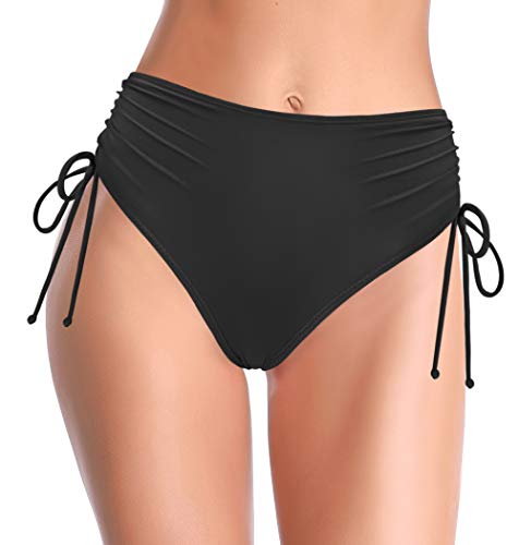 SHEKINI Damen Badeanzug Retro Bauchweg Bikinihose Schwarze High Waist Badeshorts Abdominal Kontrolle Ruched Verstellbarer Ties-up Klassisch Badehose（L, Schwarz C） von SHEKINI