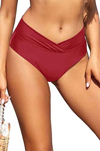 SHEKINI Damen Badeanzug Schwarze bauchweg Badeshorts Hohe Taille Abdominal Kontrolle Ruched Bikini Hose Volltonfarbe Retro Badehose Bikini Höschen (L, Weinrot B) von SHEKINI