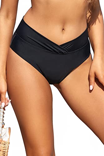 SHEKINI Damen Badeanzug Schwarze bauchweg Badeshorts Hohe Taille Abdominal Kontrolle Ruched Bikini Hose Volltonfarbe Retro Badehose Bikini Höschen (M, Schwarz B) von SHEKINI