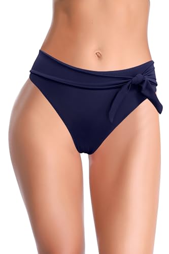 SHEKINI Damen Bikinihose Schwarze Bauchweg Badeshorts Hohe Taille Ruched Bikini Unterteil Retro Abdominal Kontrolle Badeanzug Badehose (XL, Dunkelblau A) von SHEKINI