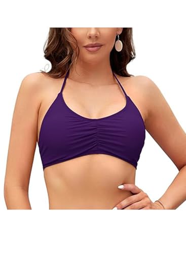 SHEKINI Damen Badeanzug U Ausschnitt Rückenfrei Verstellbar Neckholder Schnürung Bikinioberteil Ruched Bademode(XS, Bikini Top-Dunkelviolett) von SHEKINI