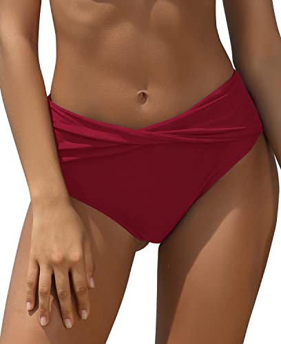 SHEKINI Damen Badeanzug Verdrehte Dekoration Badeshorts Hohe Taille Bikini Hose Volltonfarbe Retro Tankini Badehose Bikini Höschen (L,Weinrot C) von SHEKINI