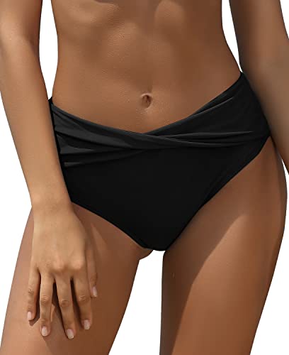 SHEKINI Damen Badeanzug Verdrehte Dekoration Badeshorts Hohe Taille Bikini Hose Volltonfarbe Retro Tankini Badehose Bikini Höschen (M,Schwarz C) von SHEKINI