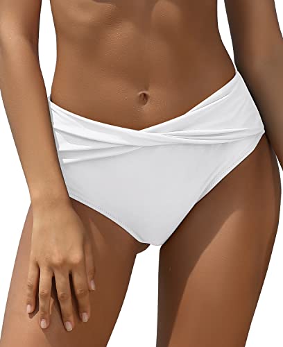 SHEKINI Damen Badeanzug Verdrehte Dekoration Badeshorts Hohe Taille Bikini Hose Volltonfarbe Retro Tankini Badehose Bikini Höschen (S,Weiß C) von SHEKINI