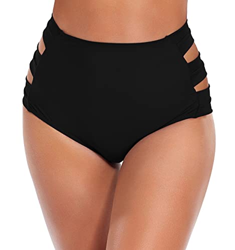 SHEKINI Damen Badehose Bademode Hohe Taille Cut Out Sport Bikinihose Sommer Classic Schwarz Abdominal Kontrolle Badeshorts Badeanzug für Frauen(M,Schwarz) von SHEKINI