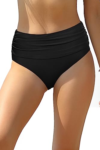 SHEKINI Damen Badehose Bademode Ruched Abdominal Kontrolle Bikinihose Sommer Hohe Taille Plissiert Retro Bauchweg Klaissisch Badehosen für Frauen(Schwarz,S) von SHEKINI