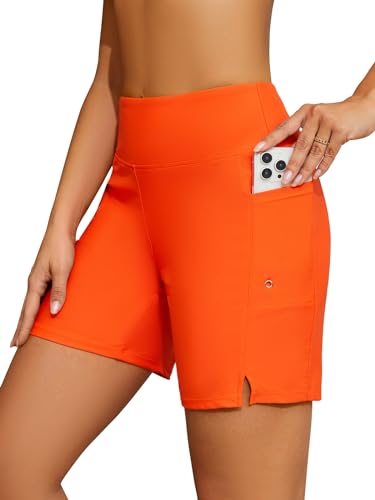 SHEKINI Damen Badehose Badeshorts Hohe Taille Bikinihose mit Taschen Schnell trocknende Strand Schwimmshorts mit Futter(3XL,Orange) von SHEKINI