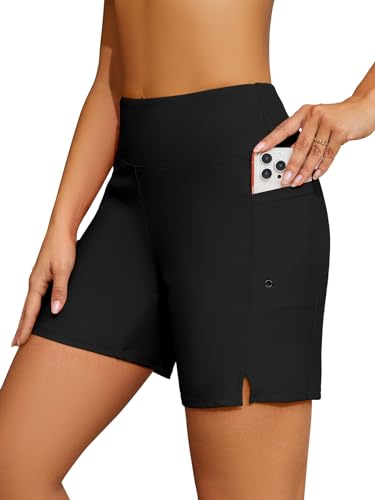 SHEKINI Damen Badehose Badeshorts Hohe Taille Bikinihose mit Taschen Schnell trocknende Strand Schwimmshorts mit Futter(3XL,Schwarz) von SHEKINI