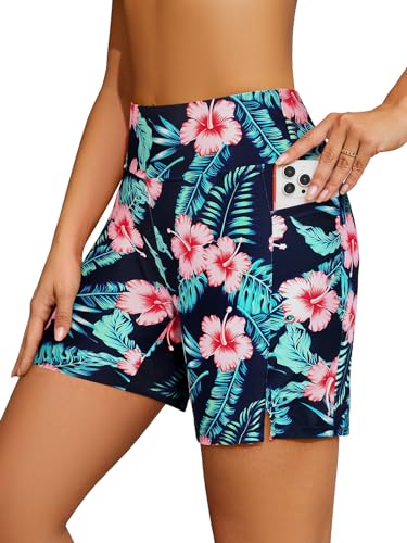 SHEKINI Damen Badehose Badeshorts Hohe Taille Bikinihose mit Taschen Schnell trocknende Strand Schwimmshorts mit Futter(M,Dunkelblau-SL) von SHEKINI