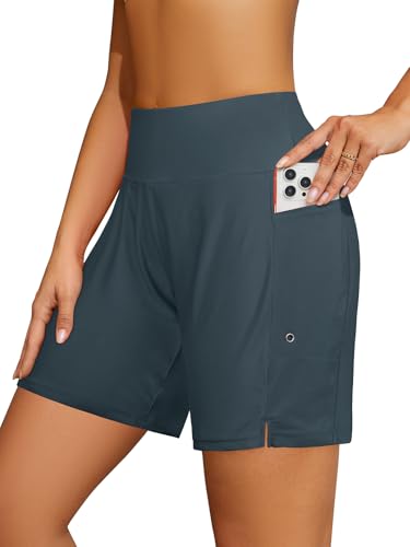 SHEKINI Damen Badehose Badeshorts Hohe Taille Bikinihose mit Taschen Schnell trocknende Strand Schwimmshorts mit Futter(XXL,Grau) von SHEKINI