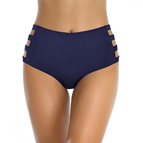 SHEKINI Damen Badehose Bauchweg Super Hohe Taille Hohl Bikini Unterteil, Umreifte Seiten - blau, Large von SHEKINI