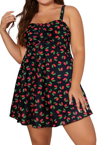 SHEKINI Damen-Badekleid, Übergröße, Bauchkontrolle, bedruckt, gepolstert, verstellbar, einteiliger Badeanzug mit Shorts, cherry, 5XL Große Größen SHEKINI Damen-Badekleid, Übergröße, Bauchkontrolle, bedruckt, gepolstert, verstellbar, einteiliger Badeanzug mit Shorts, cherry, 5XL Große Größen von SHEKINI