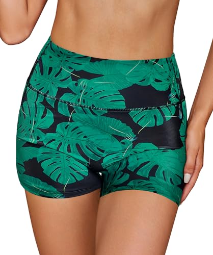 SHEKINI Damen Bademode Badeshorts Bikinihose Elastische Boxershorts Sommer Bauchweg Tankini-Shorts Badehose Sicherheits Sporty Schwimmshorts（2XL，Schwarz + Grünes Blatt drucken） von SHEKINI