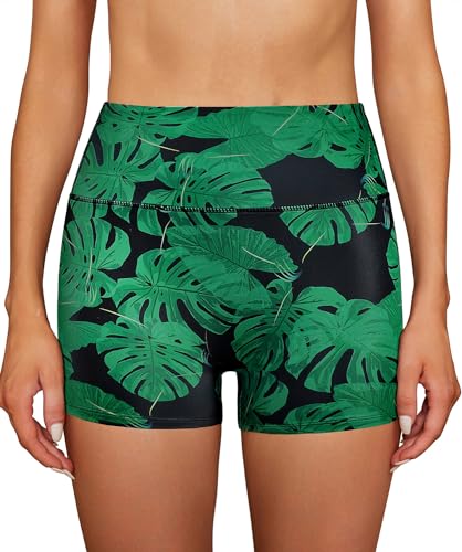 SHEKINI Damen Bademode Badeshorts Bikinihose Elastische Boxershorts Sommer Bauchweg Tankini-Shorts Badehose Sicherheits Sporty Schwimmshorts（3XL，Schwarz + Grünes Blatt drucken） von SHEKINI