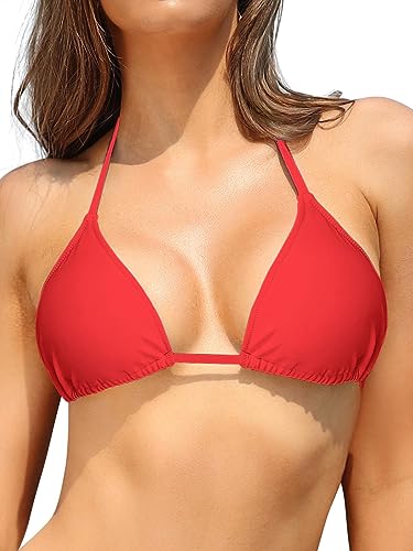 SHEKINI Damen Bademode Classic Triangel Verstellbare Neckholder Ties-up Bikinioberteil Rückenfrei Schnürung Badeanzug（XS, Bikini Top-rot） von SHEKINI