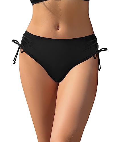 SHEKINI Damen Schwarze Bikinihose Volle Abdeckung Bademode Mid Taille Badeanzug Bottoms Ruched Badeanzug für Frauen (S,Schwarz) von SHEKINI