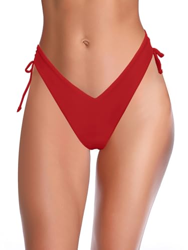 SHEKINI Damen Bademode Hoch Schnitt Brazilian Tanga Bikinihose Sommer Badeanzug High Cut Thong Badehose(M,Rot-) von SHEKINI