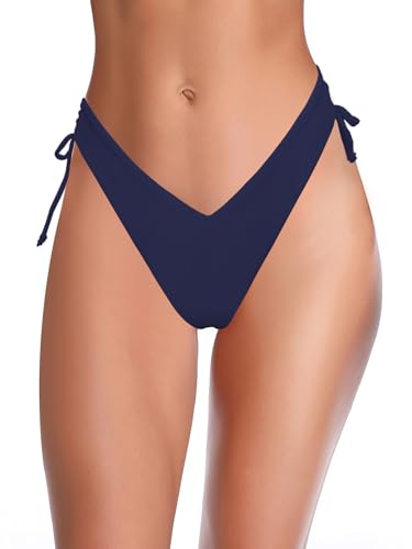 SHEKINI Damen Bademode Hoch Schnitt Brazilian Tanga Bikinihose Sommer Badeanzug High Cut Thong Badehose(S,Dunkelblau) von SHEKINI