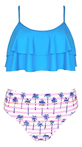 SHEKINI Mädchen Zweiteilige Badeanzüge Rüschen Bikinioberteil mit Triangel Bikinihose Niedlich Mädchen Tankini for 6-14 Jahre (6-8 Jahre, Mädchen - Himmelblau) von SHEKINI