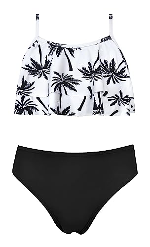SHEKINI Mädchen Zweiteilige Badeanzüge Rüschen Bikinioberteil mit Triangel Bikinihose Niedlich Mädchen Tankini for 6-14 Jahre（12-14 Jahre, Mädchen - Schwarz Y） von SHEKINI