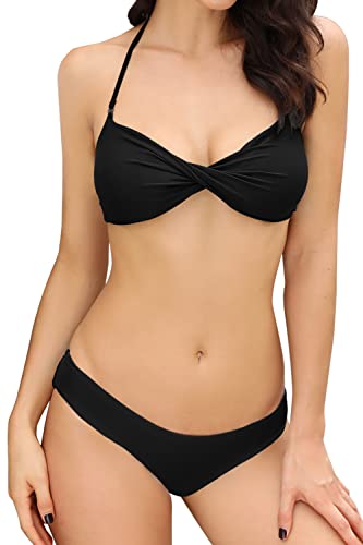 SHEKINI Damen Bademode Neckholder Bandeau Bikini Set Twist Front Badeanzüge trägerlos Zweiteilige Badeanzüge, Schwarz , L von SHEKINI