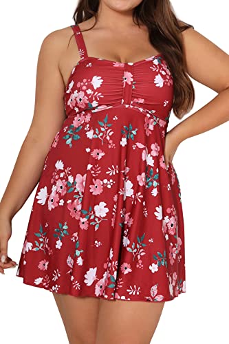 SHEKINI Damen Bademode Niedriger Kragen Einteilige Badeanzug Badekleid Große Größe Brüste Rückenfrei Verstellbare Plus Size Badeanzug für Frauen(3XL,Rot) von SHEKINI