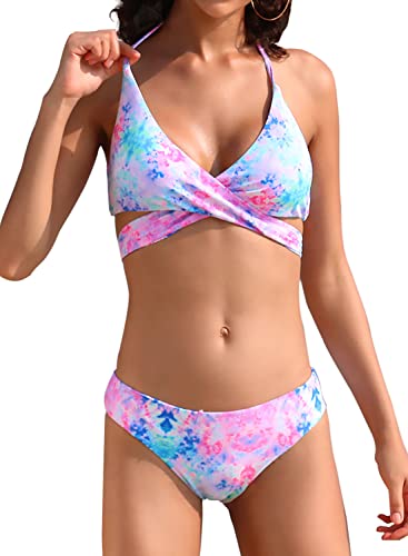 SHEKINI Damen Bikini Set Push up Verstellbar Crossover Ties-up Neckholder Bikinioberteil Zweiteiliger Badeanzug Triangel Gedruckt Niedrige Taille Sport Bikinihose Strandkleidung (L, Bunt) von SHEKINI