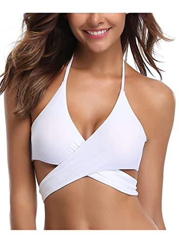 SHEKINI Damen Bademode Rückenfrei Verstellbar Crossover Ties-up Bikinioberteil Push up Triangel Strandkleidung (M, Bikini Top-Weiß) von SHEKINI