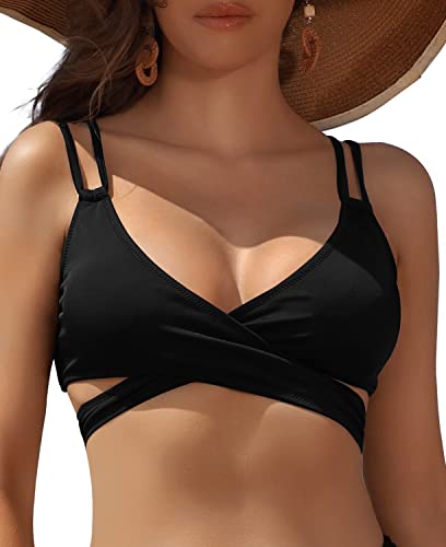 SHEKINI Damen Bademode Rückenfrei Verstellbar Crossover Ties-up Bikinioberteil Push up Strandkleidung（M, Schwarz-Bikini Oberteil） von SHEKINI