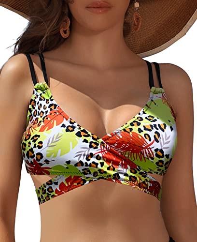 SHEKINI Damen Bademode Rückenfrei Verstellbar Crossover Ties-up Bikinioberteil Push up Strandkleidung（S, Leopardenmuster-Bikini Oberteil） von SHEKINI