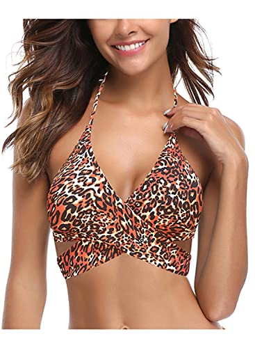 SHEKINI Damen Bademode Rückenfrei Verstellbar Crossover Ties-up Bikinioberteil Push up Triangel Strandkleidung（L, Bikini Top - Braun Leopard Druck） von SHEKINI