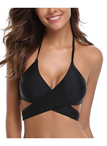 SHEKINI Damen Bademode Rückenfrei Verstellbar Crossover Ties-up Bikinioberteil Push up Triangel Strandkleidung (Large, Bikini Top-Schwarz) von SHEKINI