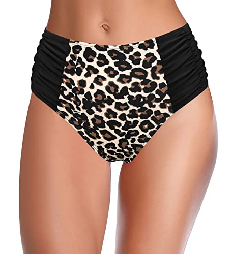 SHEKINI Damen Badeshorts Badeanzug Retro Bauchweg High Waist Schwarz Bikinihose Abdominal Kontrolle Ruched Klassische Badehose Große Größe (XL,Leopard-3) von SHEKINI