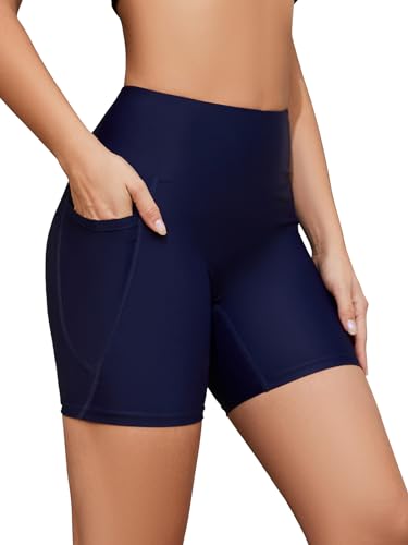 SHEKINI Damen Badeshorts Hohe Taille Badehose Schnell Trocknendes Sporty Kurze Leggings Bikinihose Radlerhose Schwimmhose Strandhose（3XL，Dunkelblau） von SHEKINI