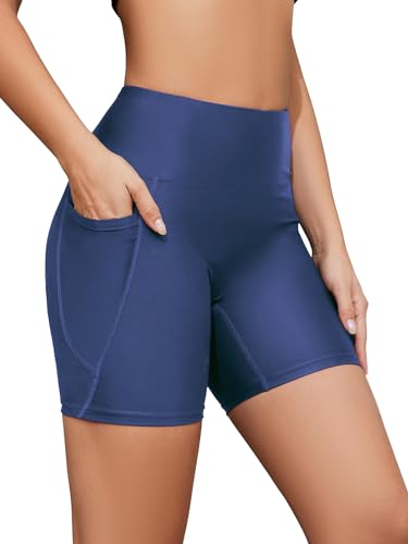 SHEKINI Damen Badeshorts Hohe Taille Badehose Schnell Trocknendes Sporty Kurze Leggings Bikinihose Radlerhose Schwimmhose Strandhose（L，Blau） von SHEKINI