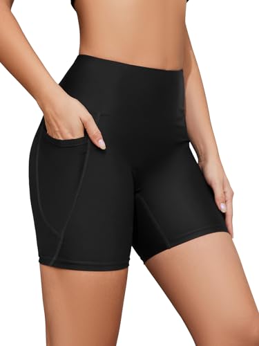 SHEKINI Damen Badeshorts Hohe Taille Badehose Schnell Trocknendes Sporty Kurze Leggings Bikinihose Radlerhose Schwimmhose Strandhose（L，Schwarz） von SHEKINI