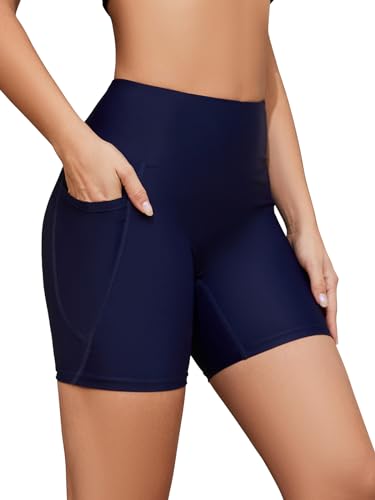 SHEKINI Damen Badeshorts Hohe Taille Badehose Schnell Trocknendes Sporty Kurze Leggings Bikinihose Radlerhose Schwimmhose Strandhose（S，Dunkelblau） von SHEKINI