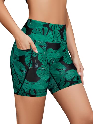 SHEKINI Damen Badeshorts Hohe Taille Badehose Schnell Trocknendes Sporty Kurze Leggings Bikinihose Radlerhose Schwimmhose Strandhose（S，Grünes Blatt） von SHEKINI