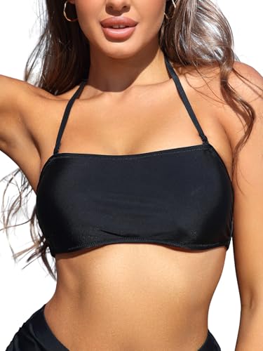 SHEKINI Damen Bandeau-Bikini-BH, Oberteil mit abnehmbaren Neckholder-Trägern, Badeanzug, Schwarz , XXL von SHEKINI