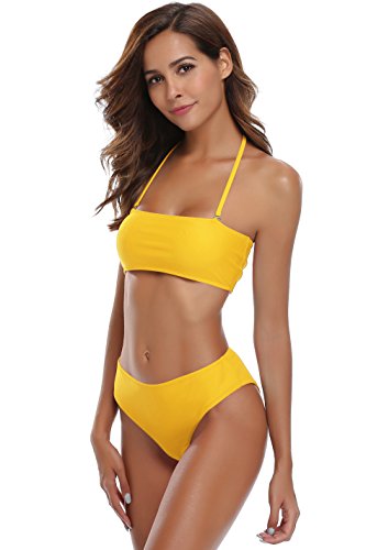 SHEKINI Damen Bandeau Bikini Set Abnehmbar Neckholder Gepolstert Badeanzug Badeanzüge (Medium, Gelb) von SHEKINI