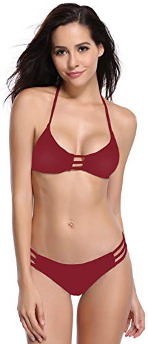 SHEKINI Damen Bikini Set Raffungen Verstellbar Bikini Oberteil Zweiteiliger Badeanzug Triangel Bikinihose für Frauen (Large, Weinrot) von SHEKINI