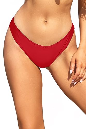 SHEKINI Damen Klassische Bikinihose Bademode Chic Elegantes Niedrige Taille Bikini Bottom Badehose Triangel Bikini Slip Strandbikinis(B-Rot,L) von SHEKINI